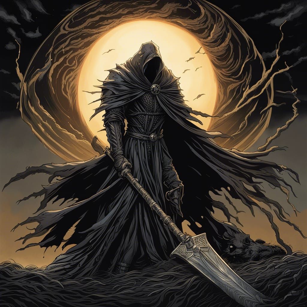 Dark Angel with Scythe under Eclipse