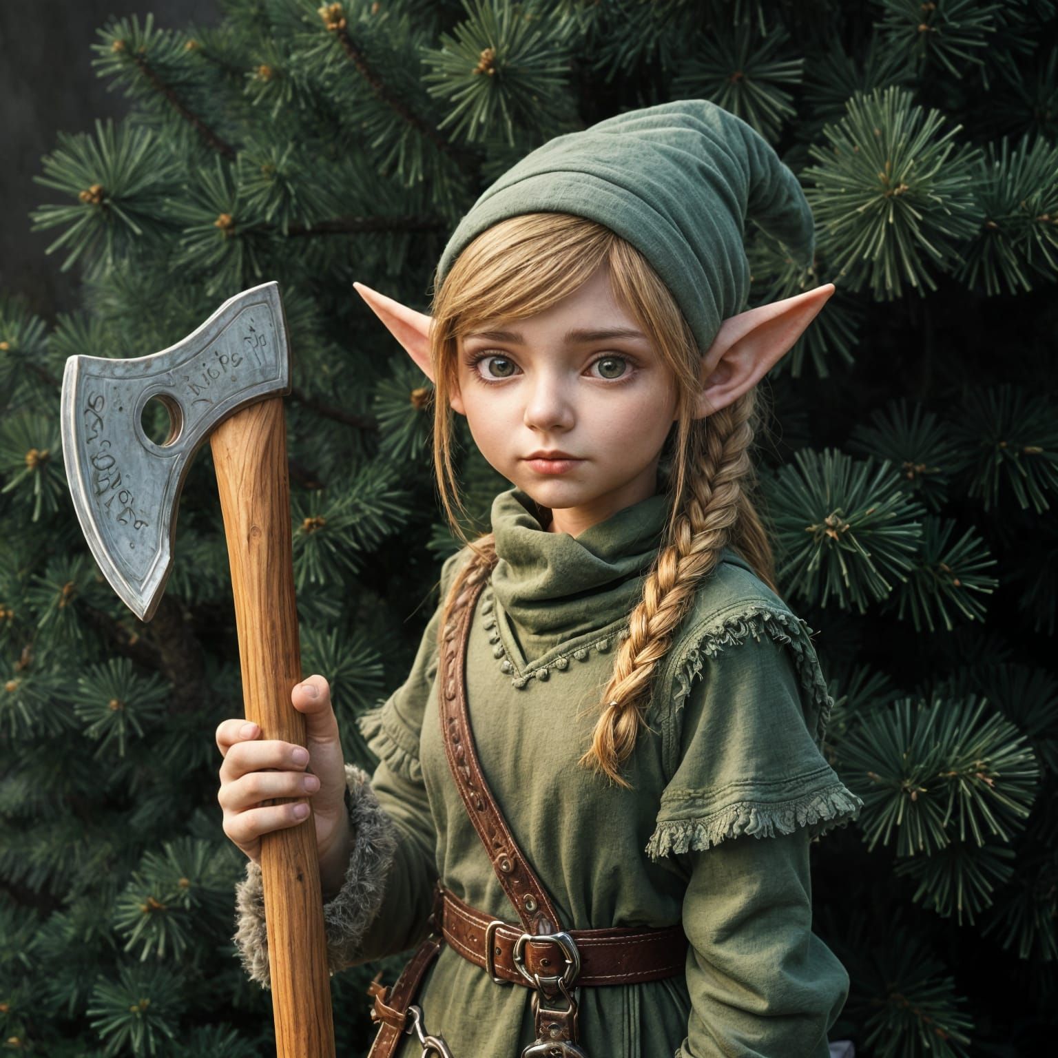 Hyperrealistic Elf with Axe in Spruce Forest