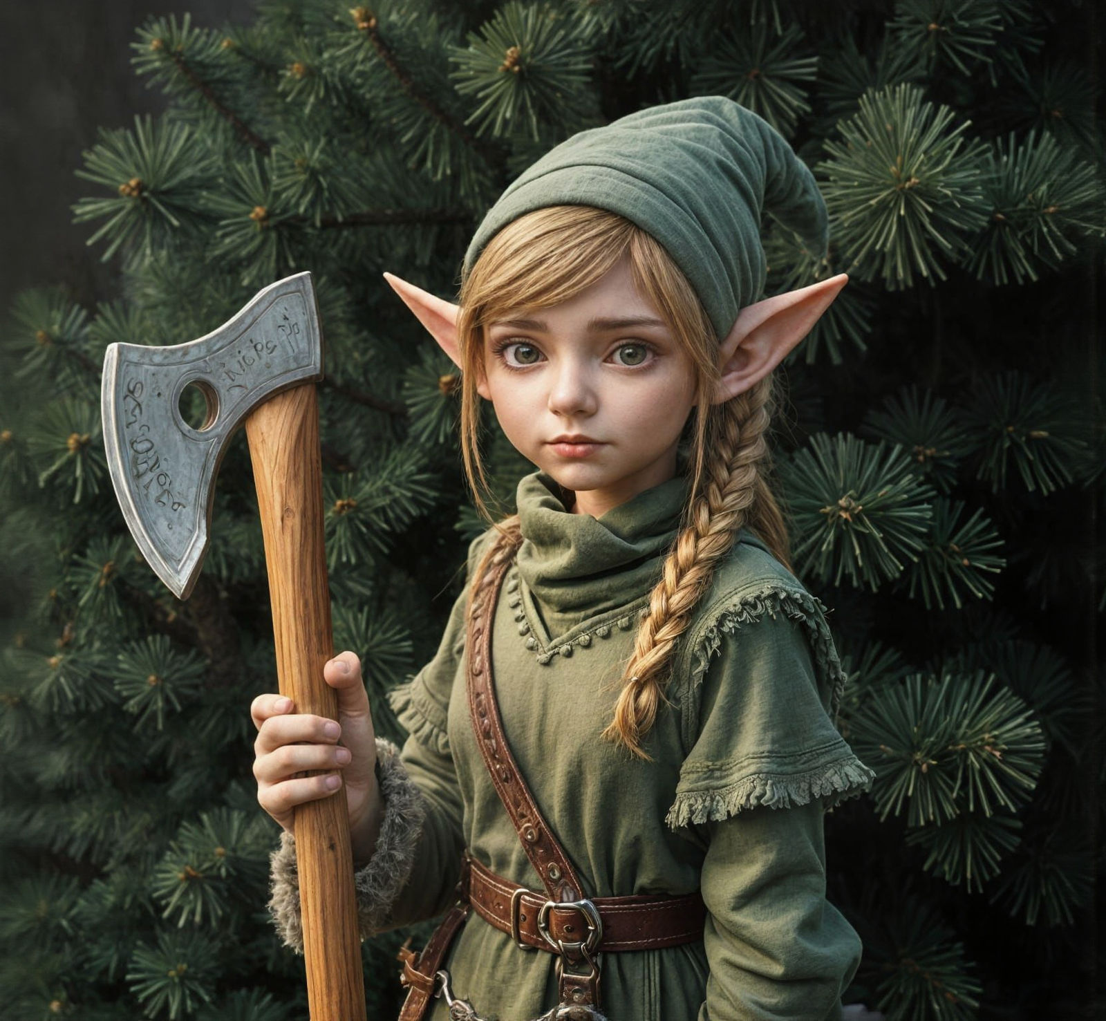 Female Elf with Axe by Spruce Tree, Hyperrealistic