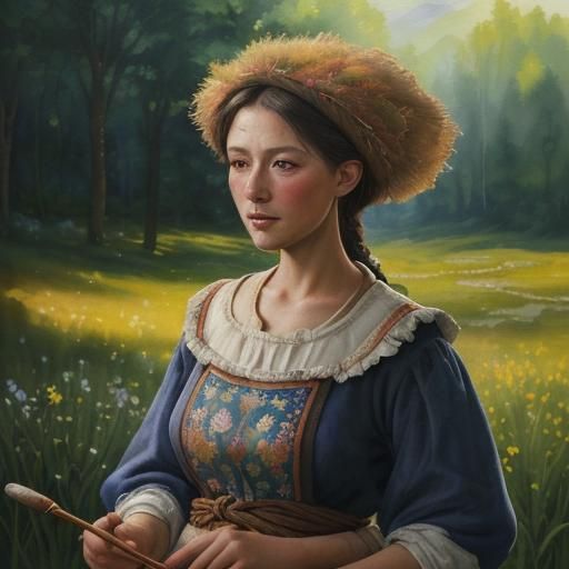 Folktale Woman in Gouache Style Sunlight Field