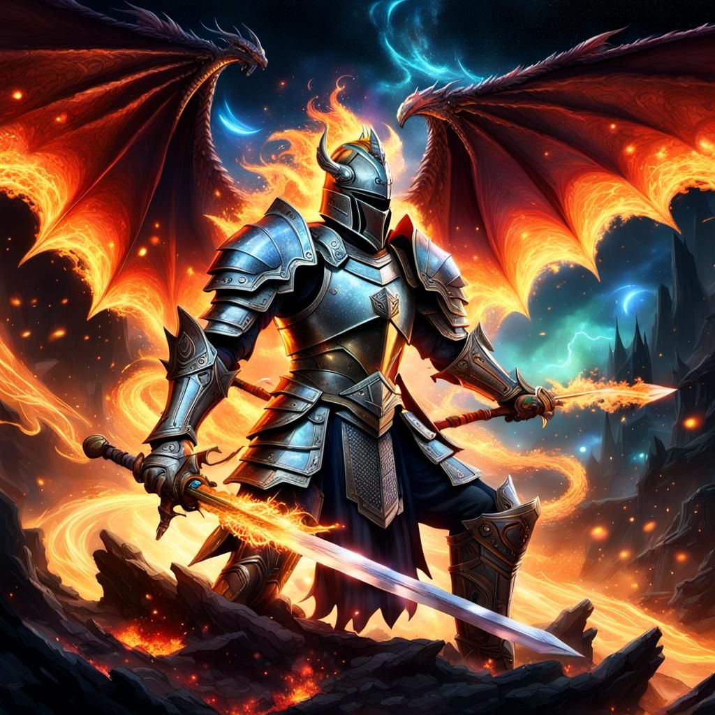 Armored Knight Battles Dragon in Dark Fantasy Style
