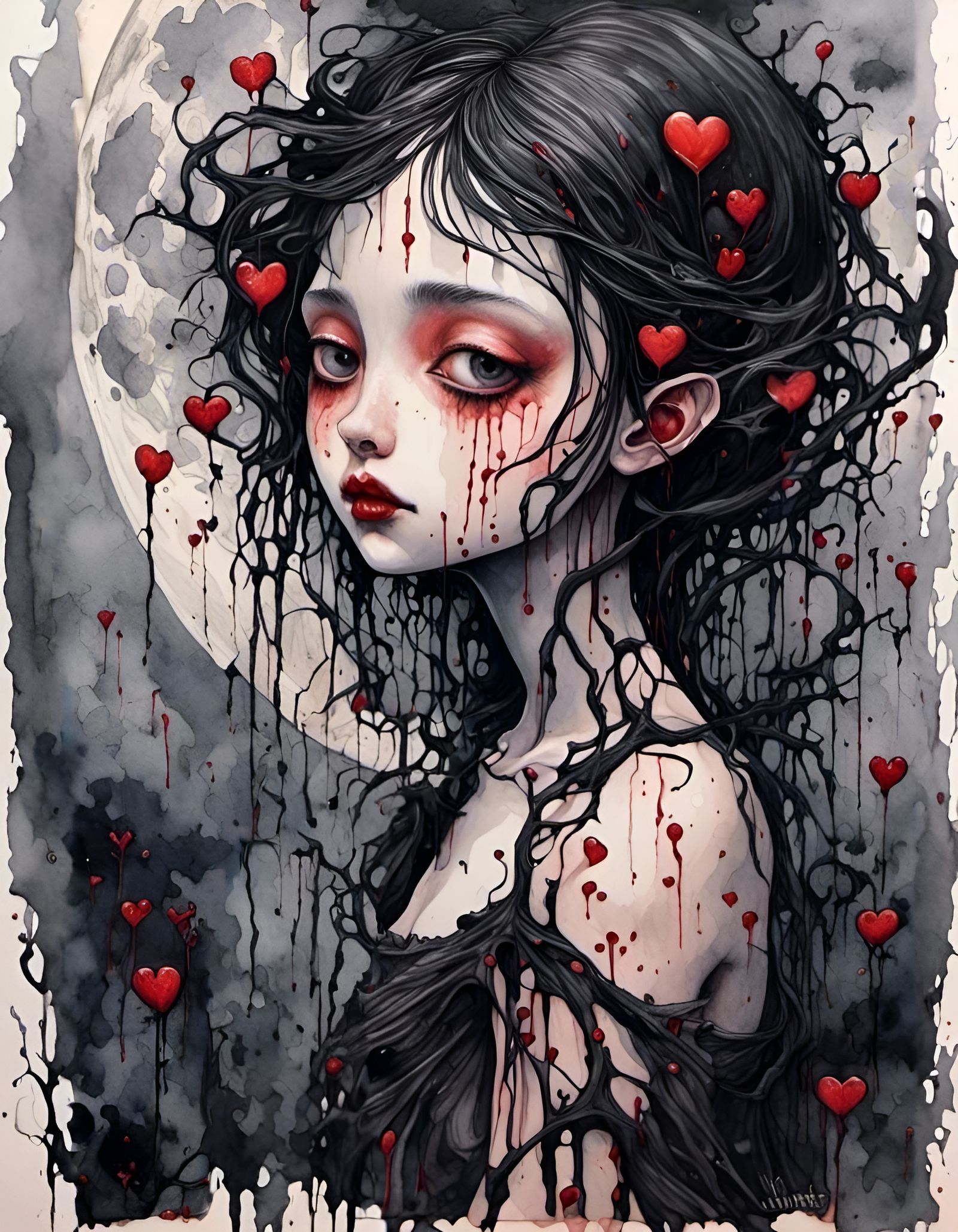 Wednesday Addams Watercolor with Full Moon