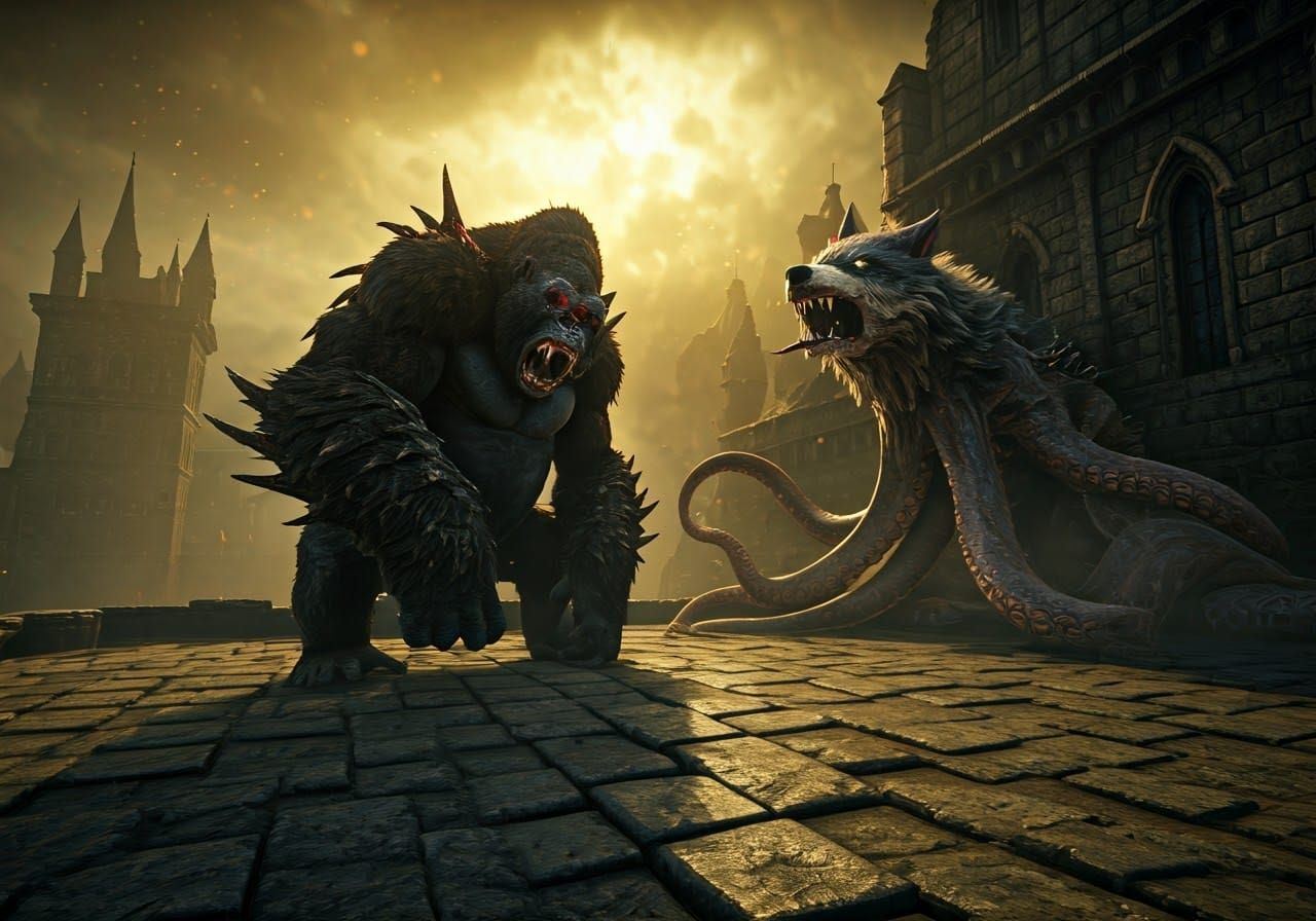 Epic Monster Battle on Medieval Castle Roof