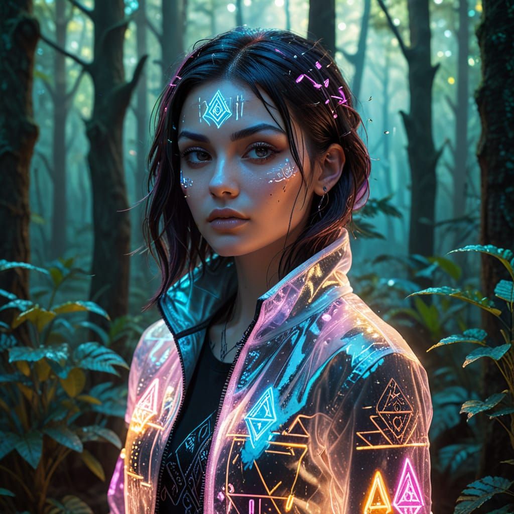 Hyperfuturistic Punk Woman in Bioluminescent Forest