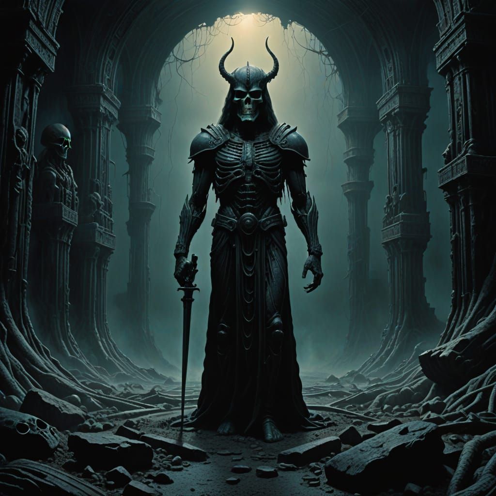 Hyperrealistic Thanatos, Greek God of Death, in Dark Underwo...