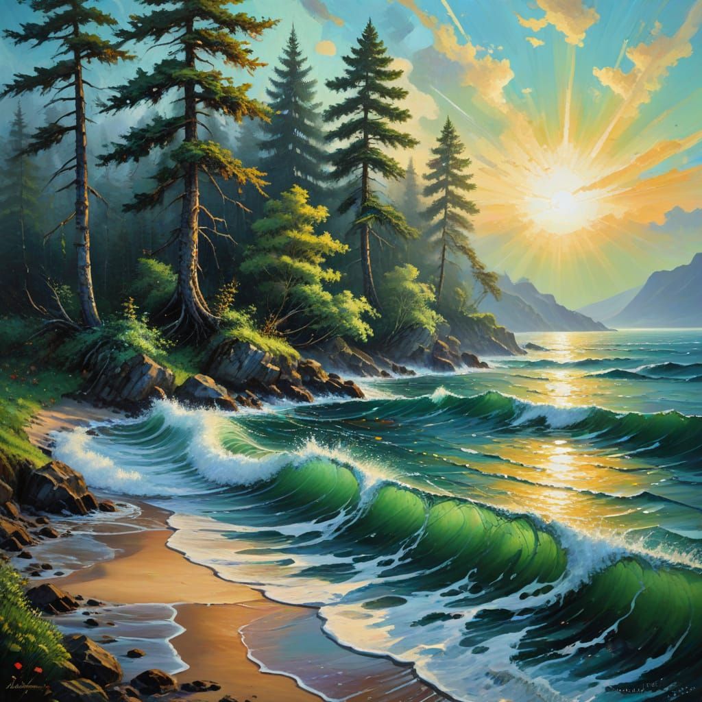 Drifting Forest Islands on Ocean in Neo-Impressionist Style