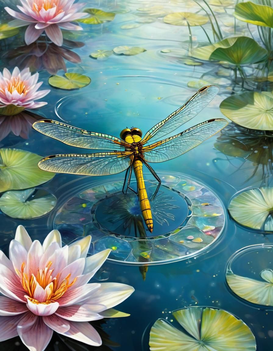 Dragonfly's Gentle Touch: Watercolor Pond Scene