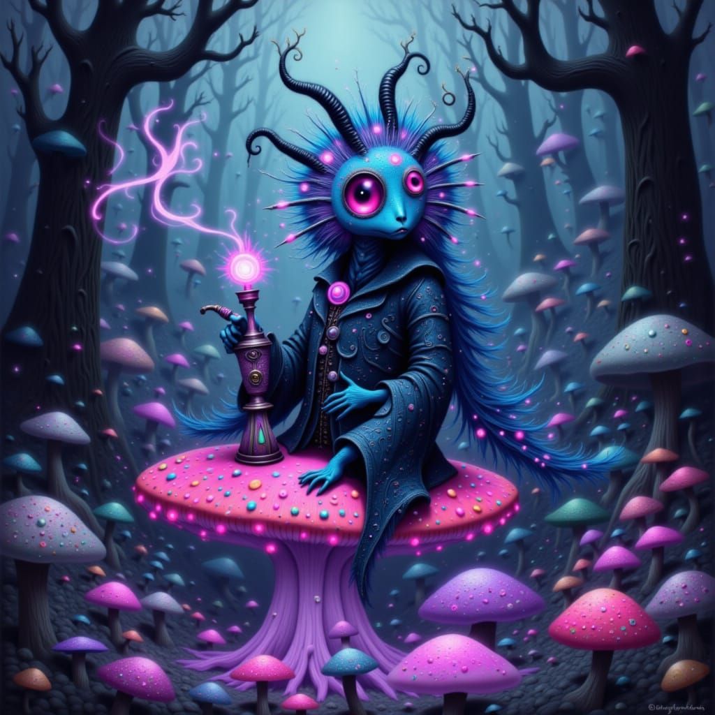 Blue Caterpillar Smoking Hookah on Bioluminescent Mushroom