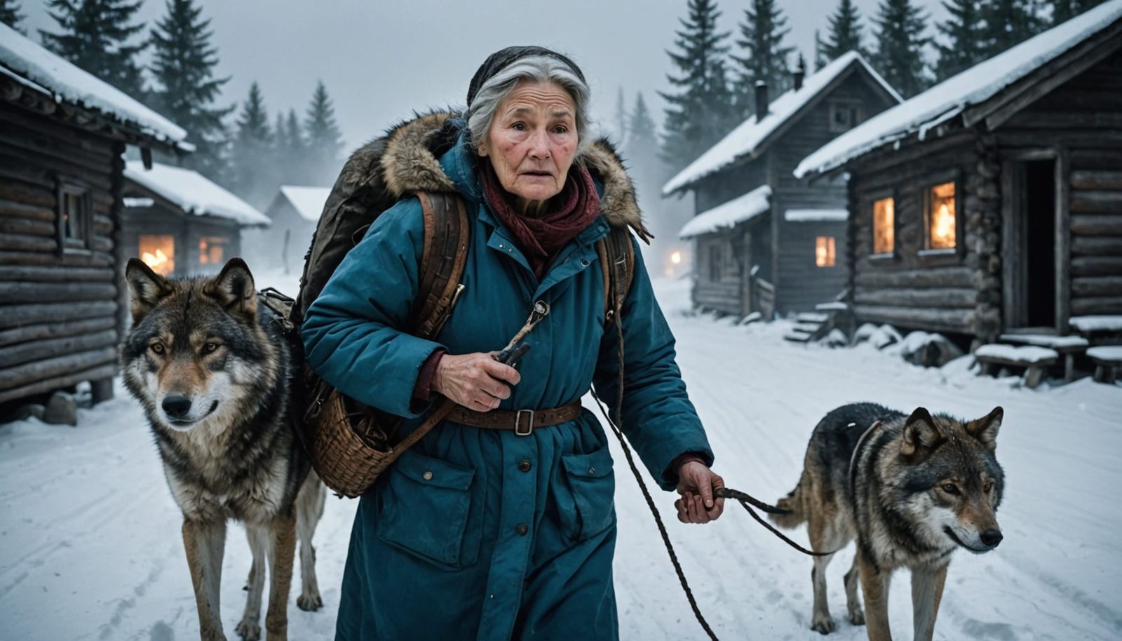 Elderly Woman Carries Wounded Wolf Through Taiga Blizzard
