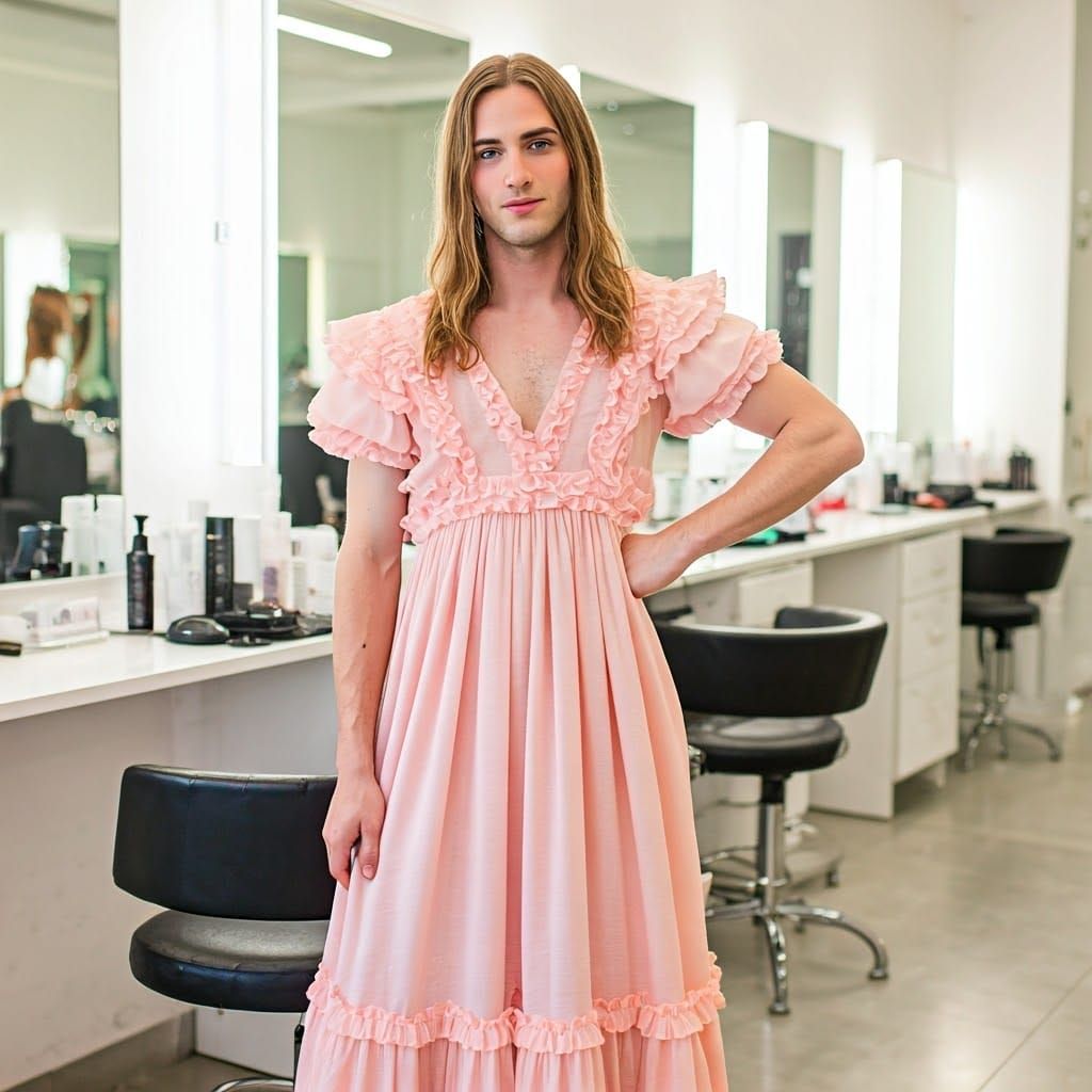 Man in Pastel Pink Dress, Playfully Posing in Beauty Salon