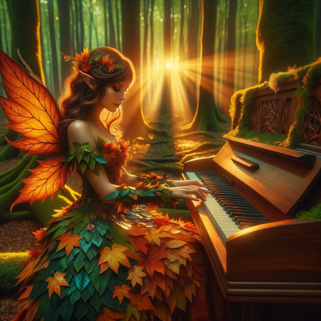 Elven Pianist in Magical Autumn Forest Sunset