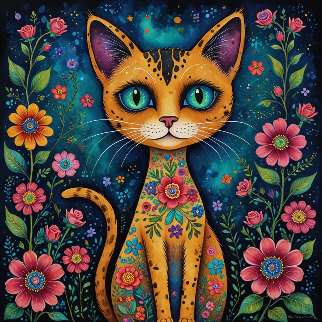 Vibrant Whimsy: Folk Art Cat with Crystal Blue Green Eyes