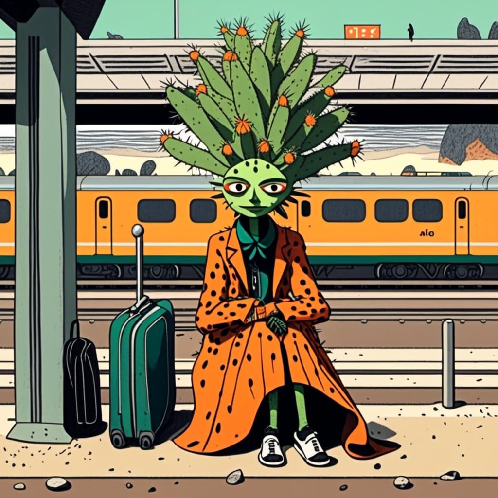 Cactus Person at a Train Station