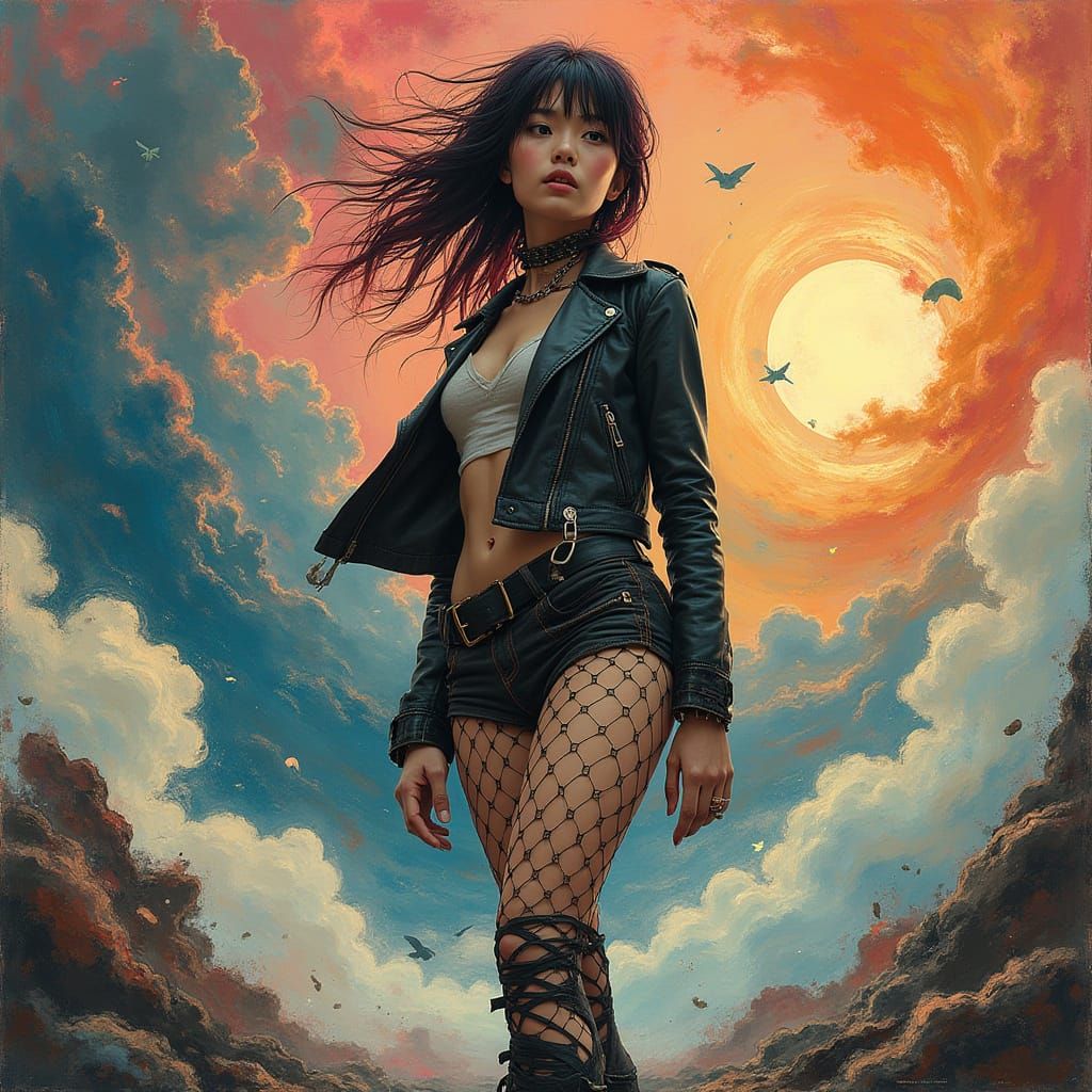 Japanese Punk Woman in Abstract Vortex