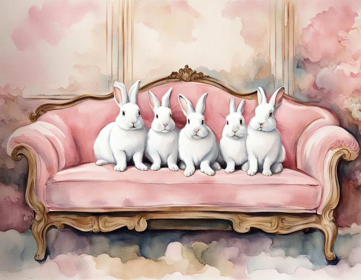 White Bunny Rabbits Jumping in Soft Pink Vintage Scene