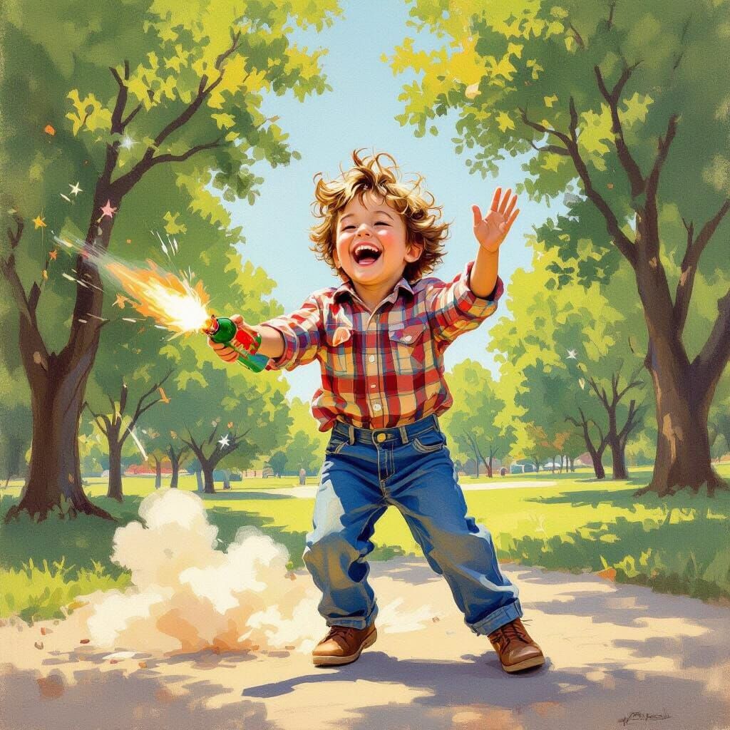 Child Launches Bottle Rocket in Sunny Park, Impressionist St...