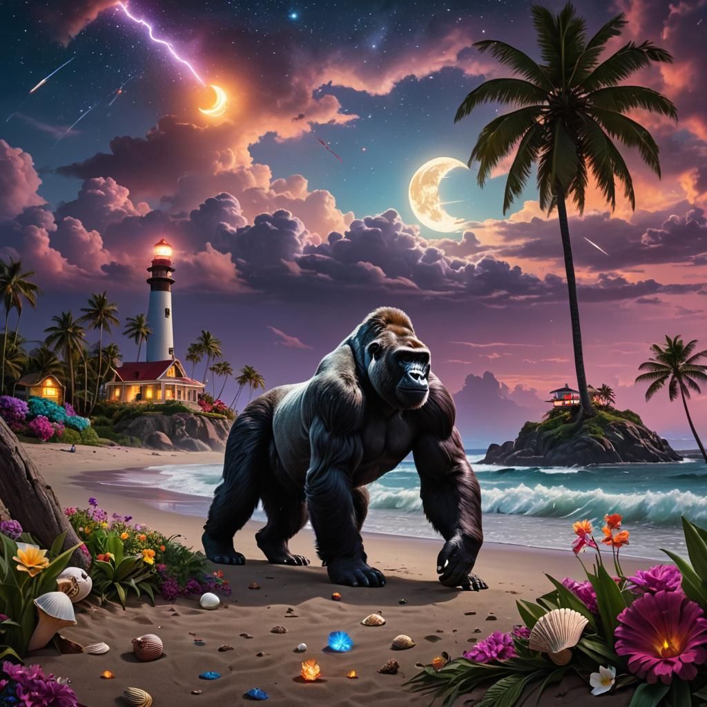 Gorilla on a Beach at Night: Digital Matte Painting