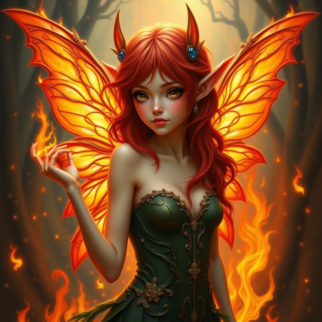 Fire Queen Fairy Elf with Burning Wings