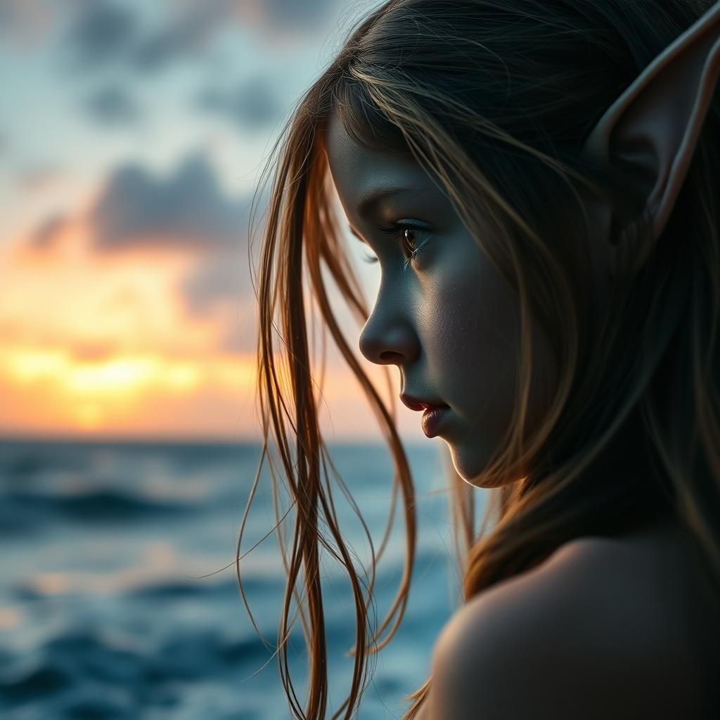 Hyperrealistic Elf Girl Stares into the Ocean
