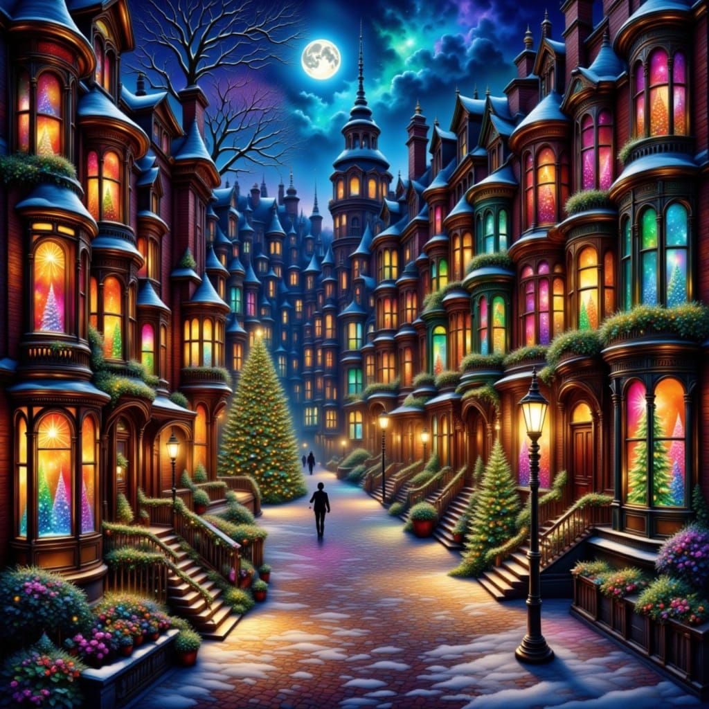 Victorian Christmas Street in Luminous Oil Painting Style