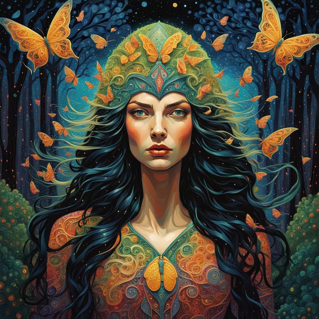 Elf Witch Portrait in Bioluminescent Butterfly Forest