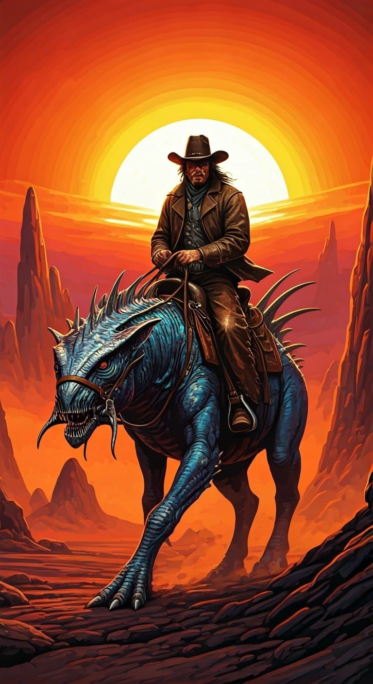Futuristic Rodeo Cowboy Rides Majestic Alien Beast