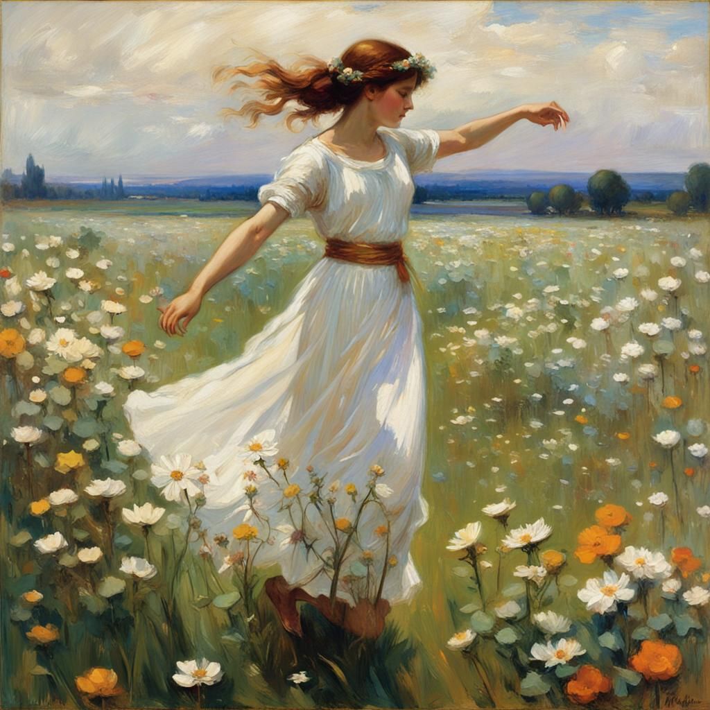 Girls Dancing in Meadow in Pre-Raphaelite Style