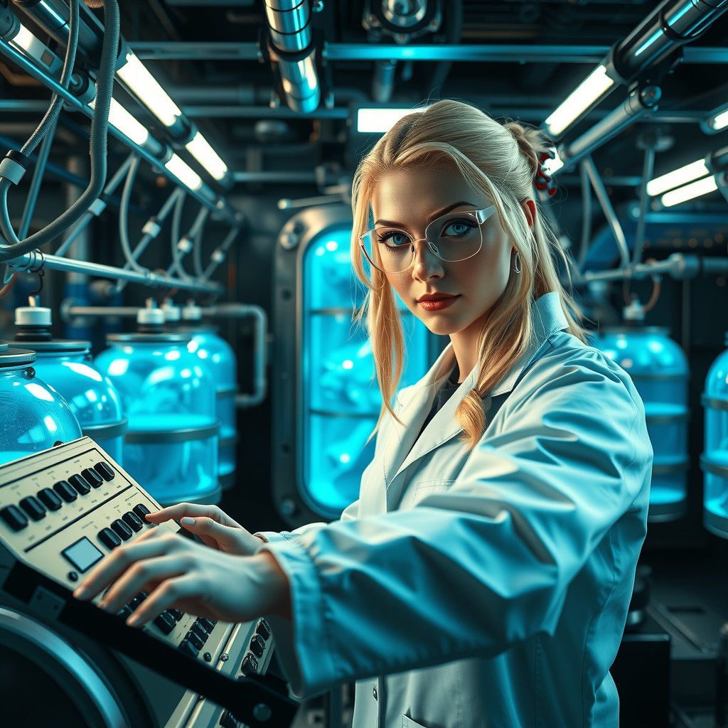 Blonde Scientist Oversees Cloning Process in Sci-Fi Lab