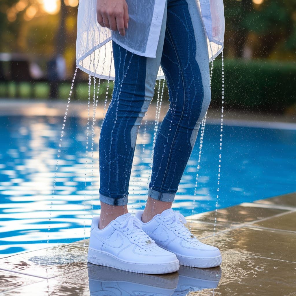 Drenched College Girl Beside Sparkling Pool in Golden Light