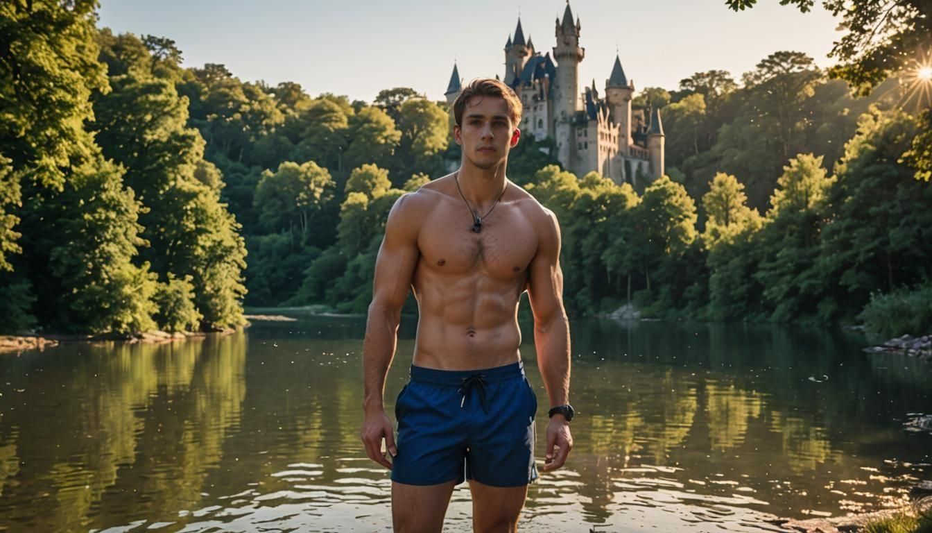 Young Man on Lake Shore with Gothic Castle