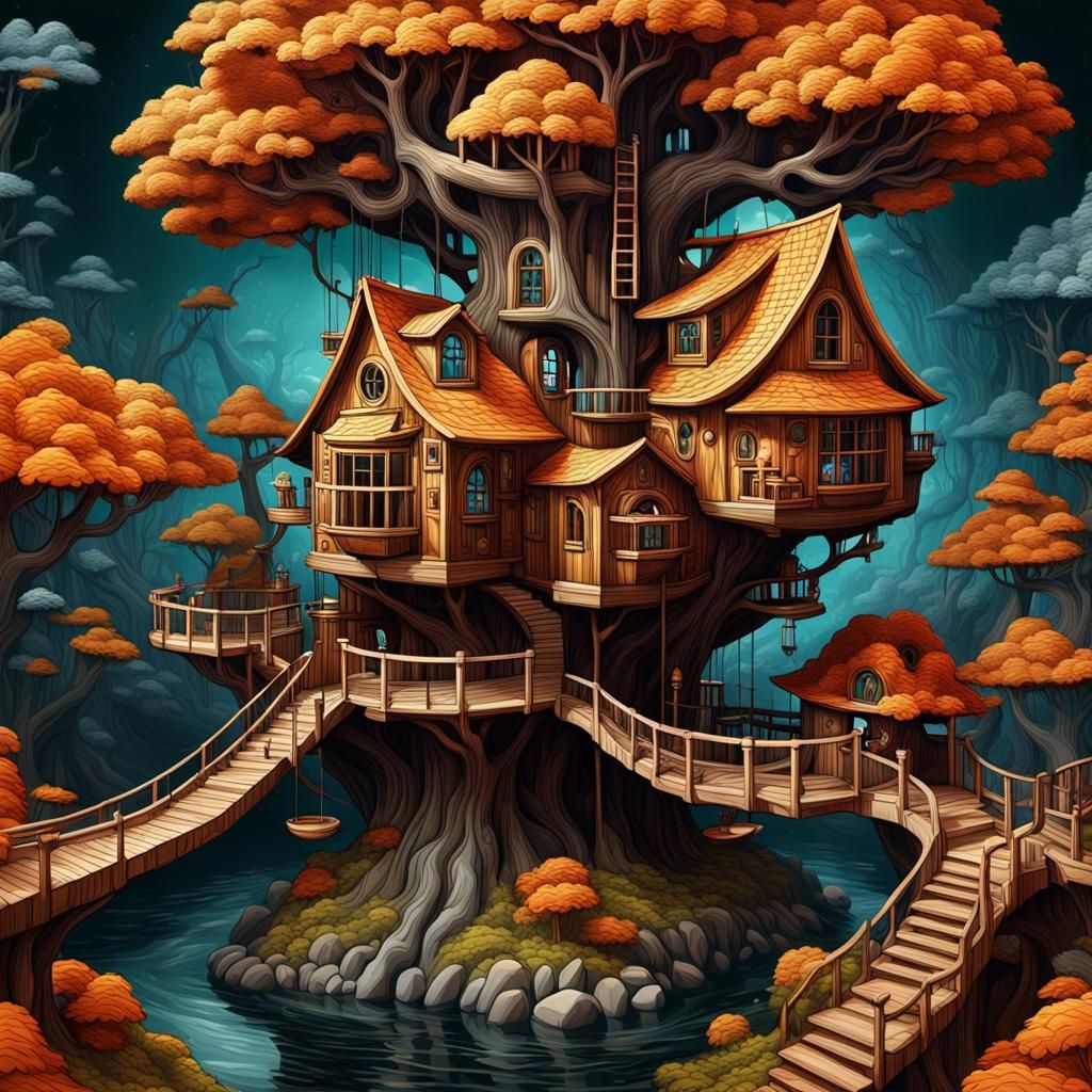 Escher's style unique piece of art, It features an unusual treehouse with whimsical structures, gravity-defying elements...