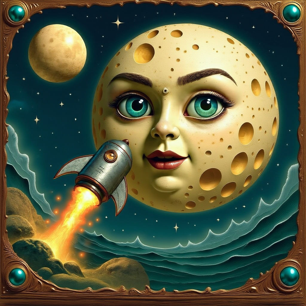 Smiling Anthropomorphic Moon in Vintage Celestial Illustrati...