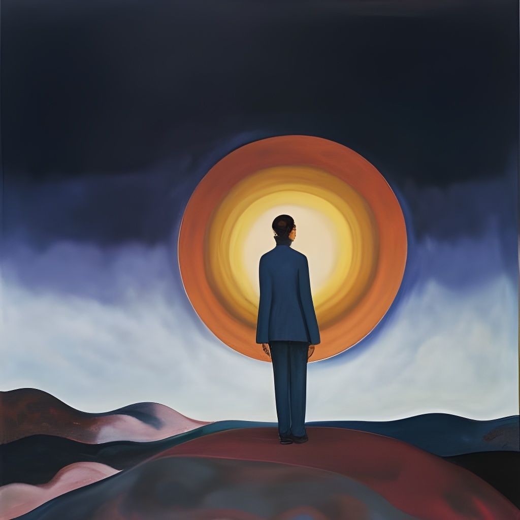 Contemplative Figure Above Misty Expanse in Expressive Style