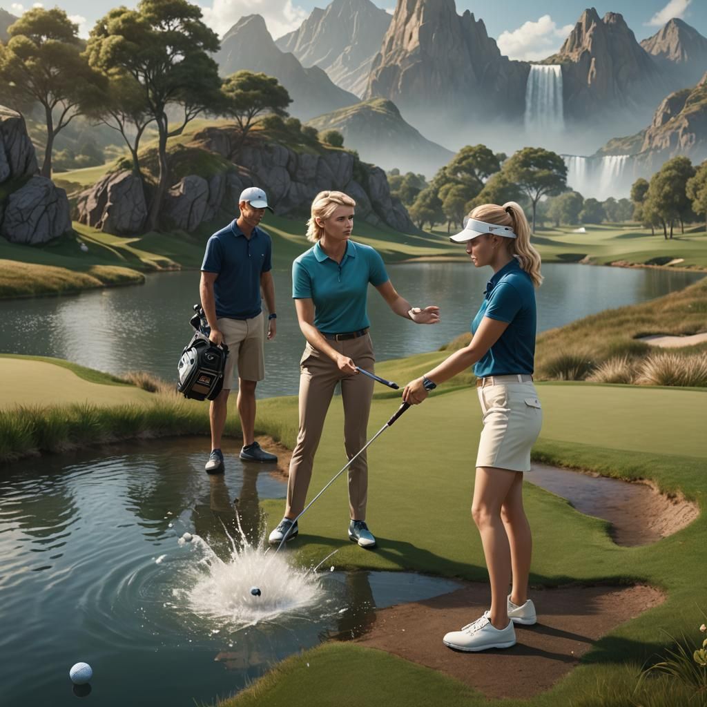 Woman Teaching Man Golfing, Photorealistic Digital Art