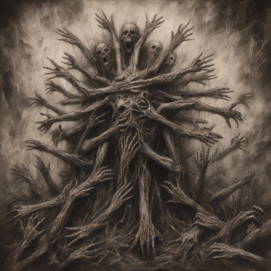 Cross with Reaching Hands: Macabre Charcoal Drawing