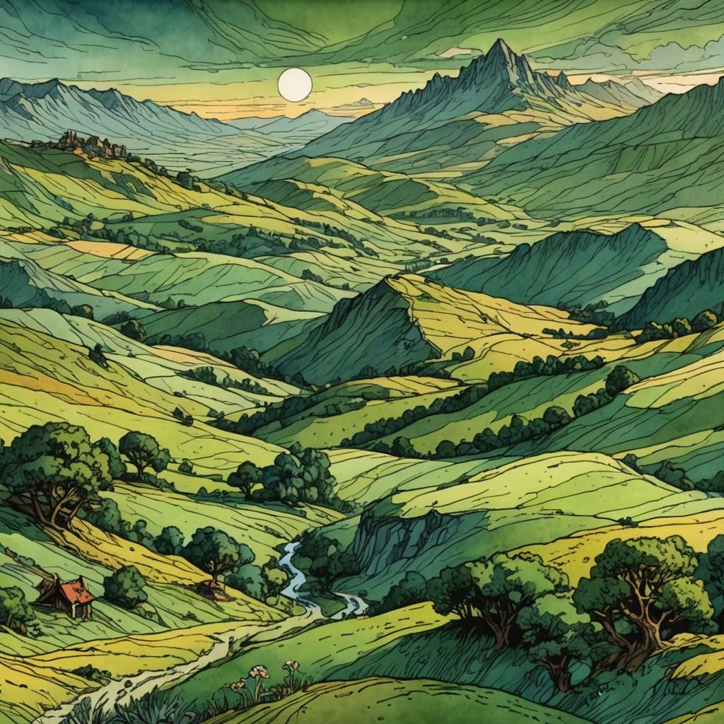 Rohan Meadow Hills at Dawn in Retro D&D Style