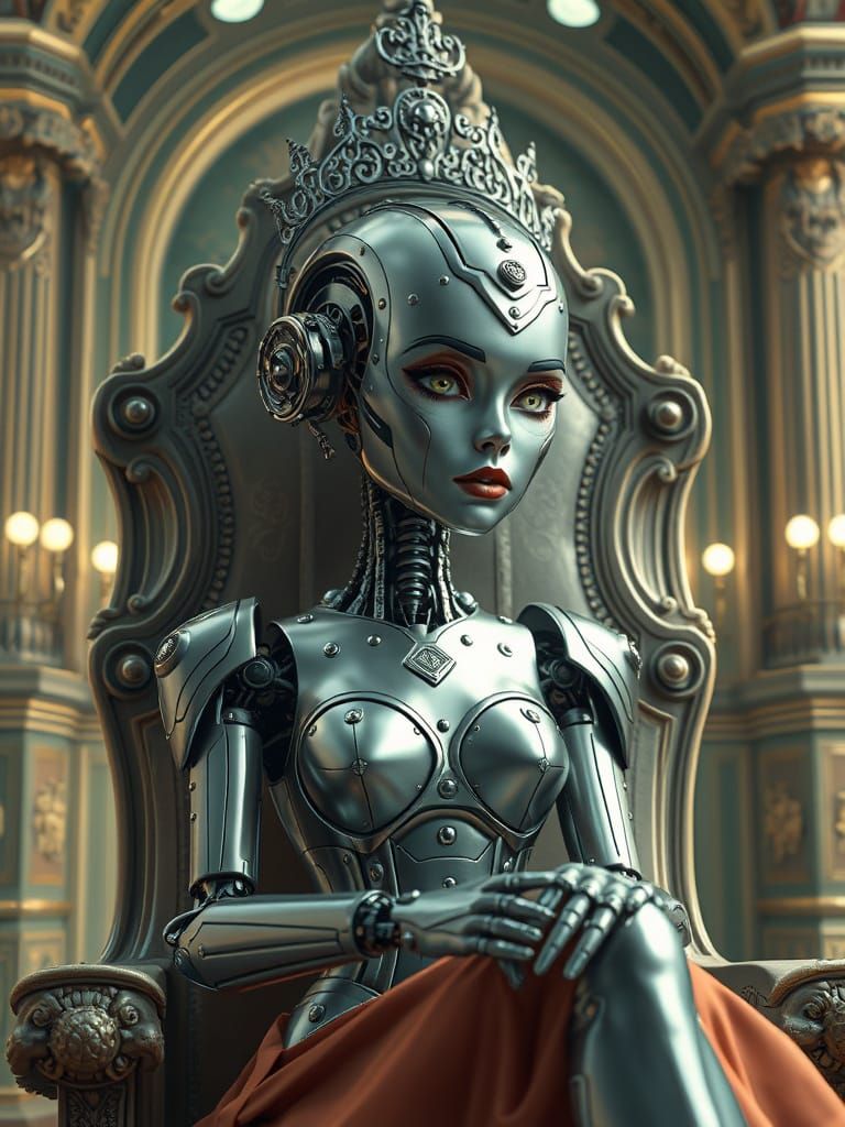 Robot Queen in Retro-Futuristic Palace, Tim Burton Style