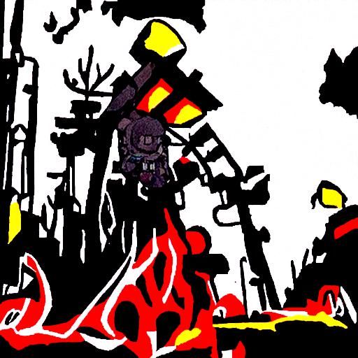 Flamethrower Robot in Post-Apocalyptic Landscape