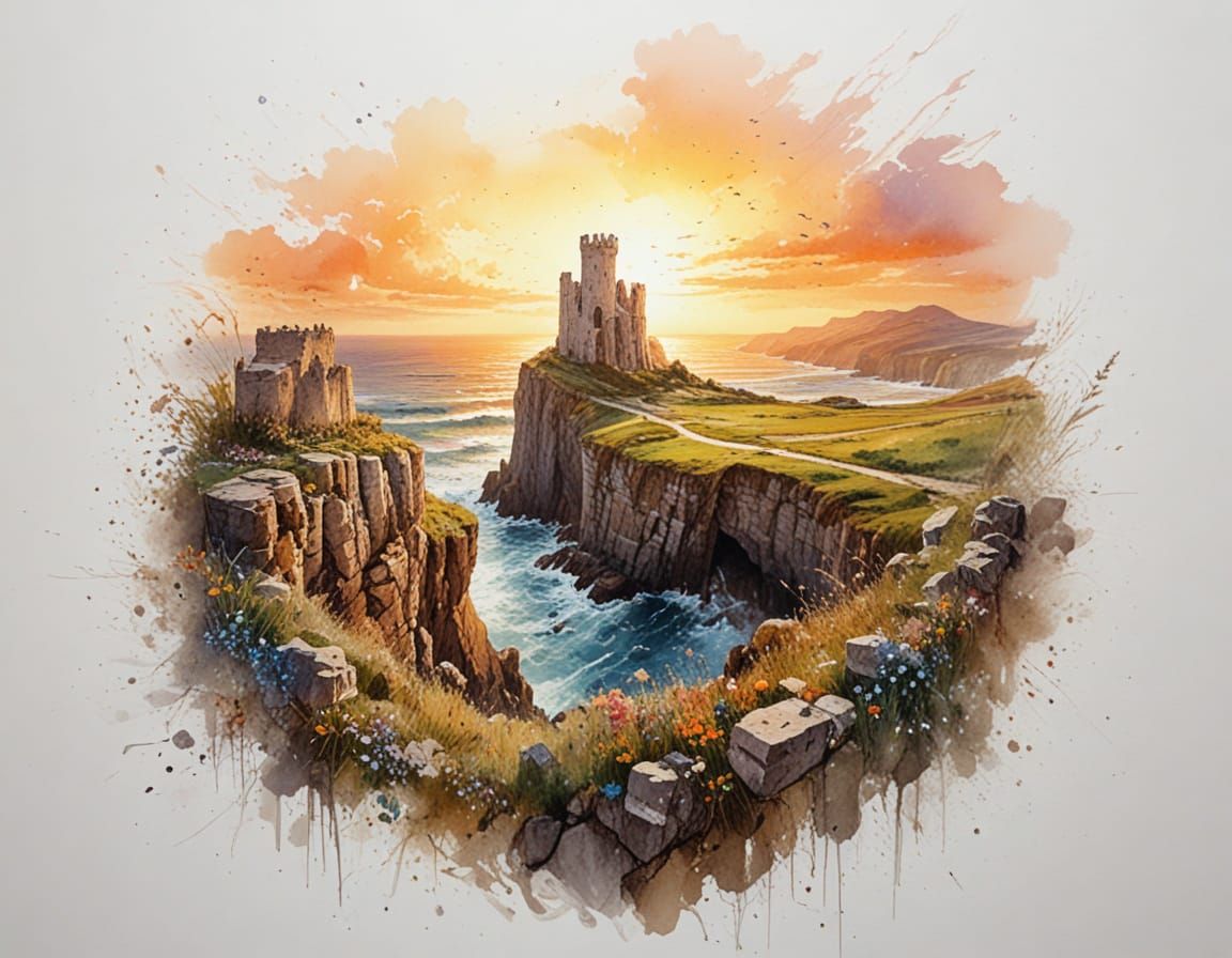 Ancient Castle Ruins on Coastal Cliffs at Sunset