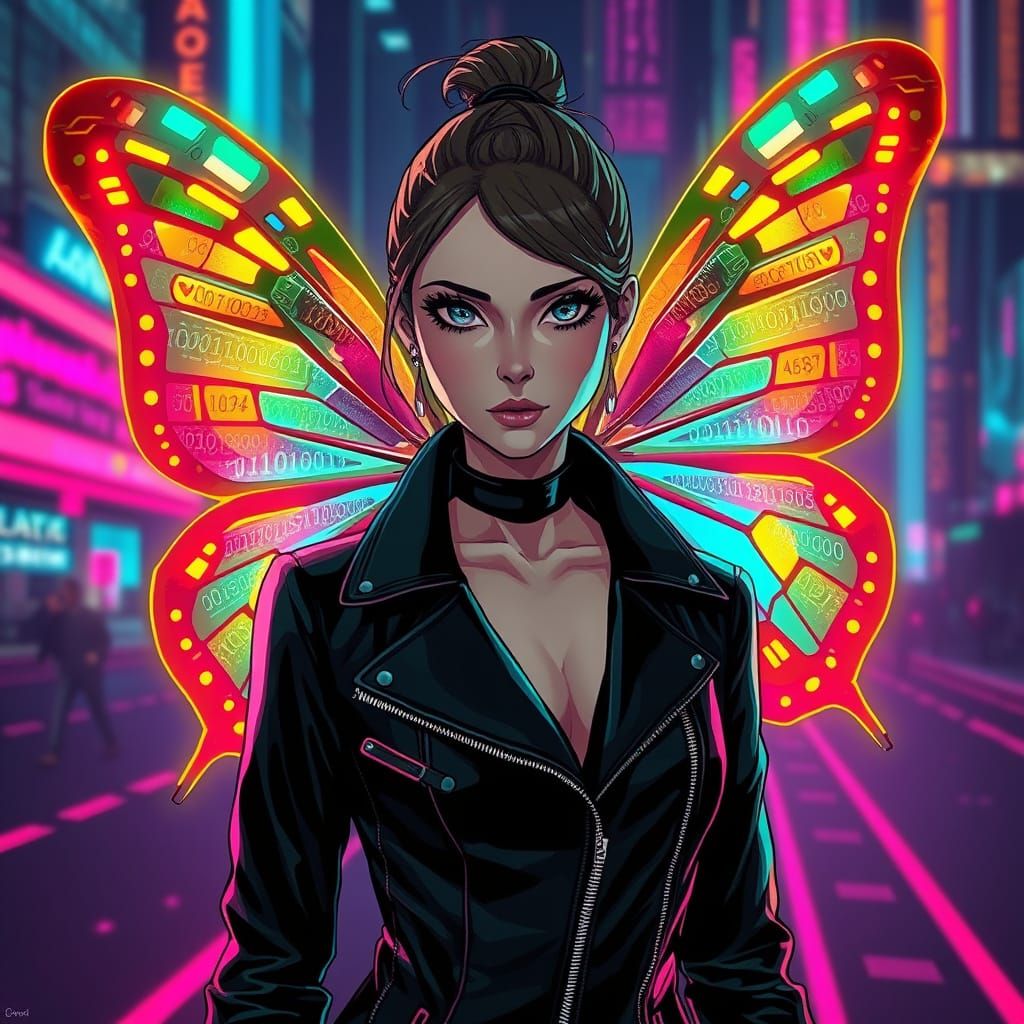 Cyborg Butterfly Woman in Neon Cityscape