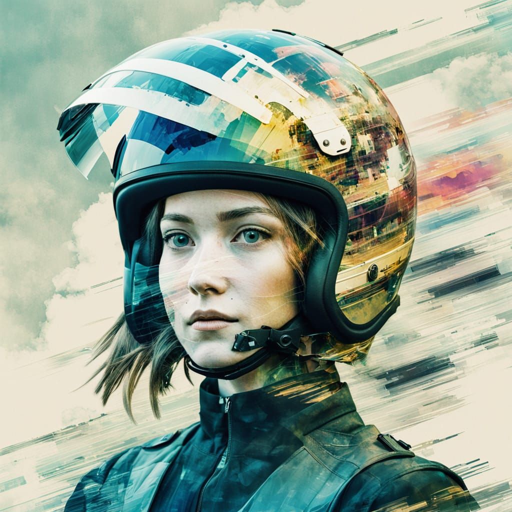 Glitch Art Double Exposure Portrait of Motorbike Rider