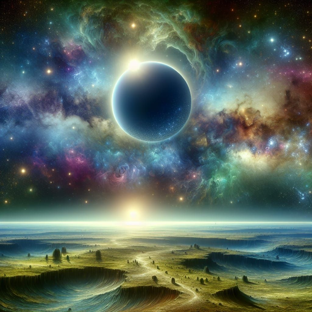 Cosmic Galaxy with Eclipse and Symmetrical Landscape