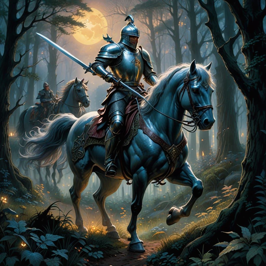 Heroic Knight Rides Through Dark Forest in Fantasy Art Style