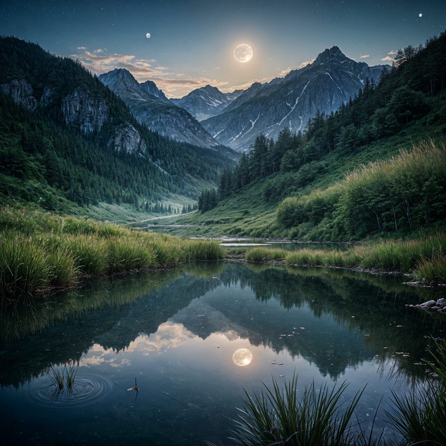 Serene Mountain Pond Under Full Moonlight
