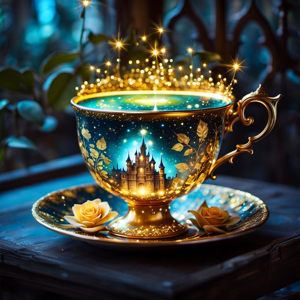 Glowing Teacup with Golden Rose on Galactic Table