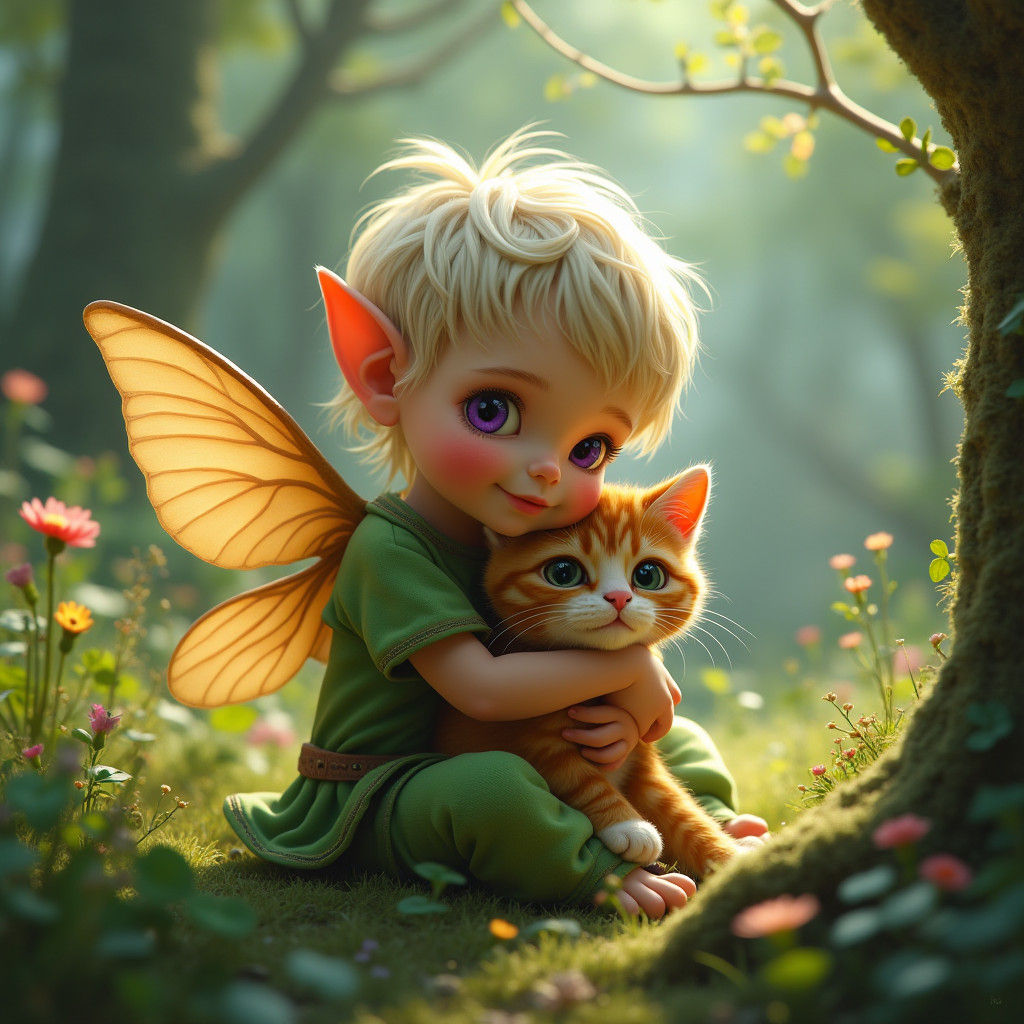 Elf Toddler and Kitten in Magical Forest