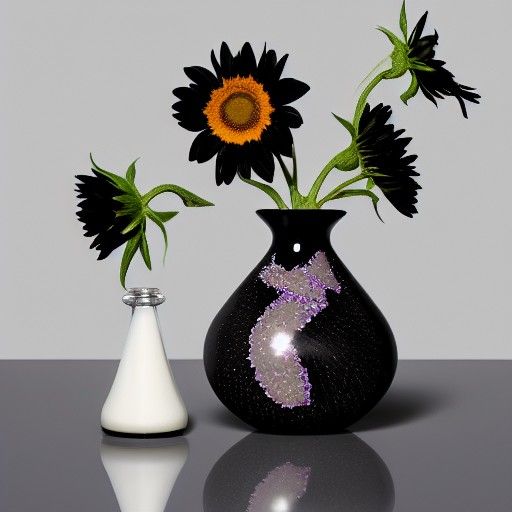 Cracked Vase with Dark Sunflowers and Gems
