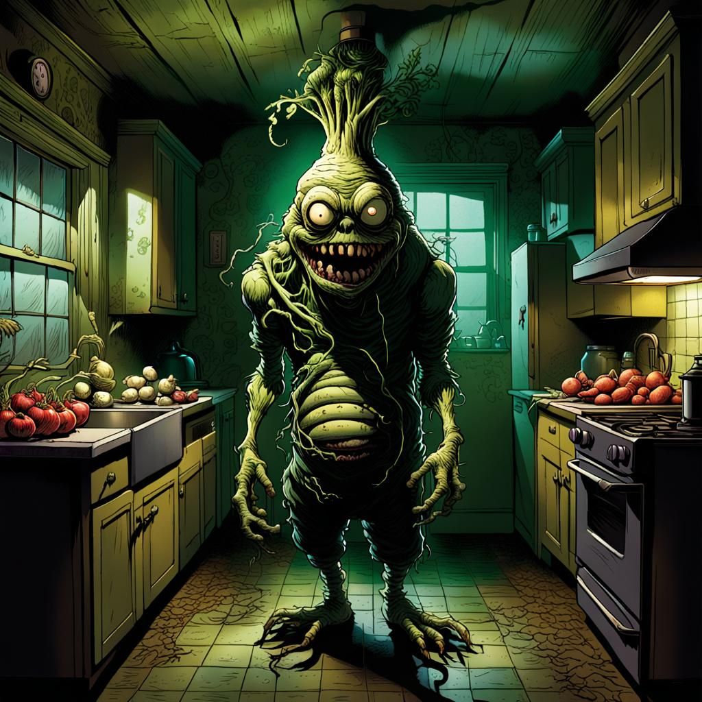 Creepy Radish Monster in a Kitchen, Comic Book Art