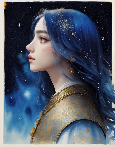 Aquarius Woman in Watercolor with Constellations