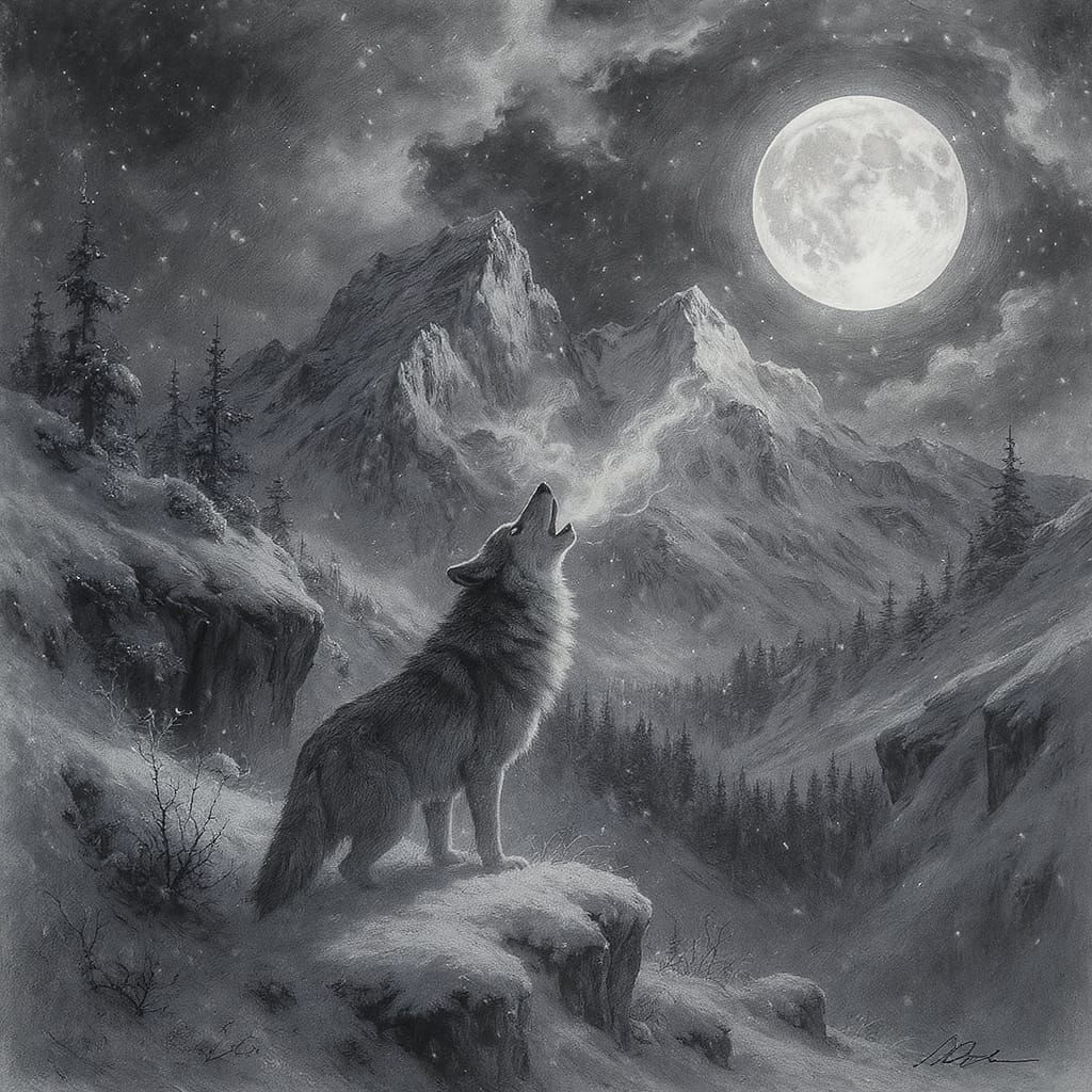 Lone Wolf Howling: Hyperdetailed Charcoal Wilderness